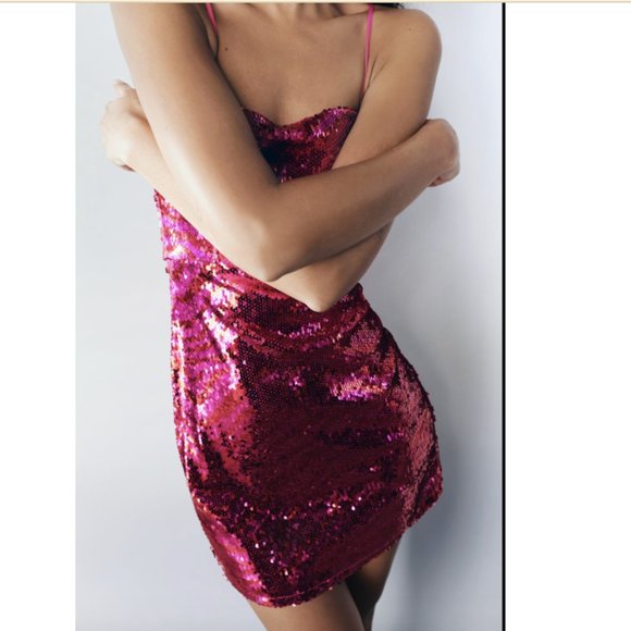 Zara Women NEW Spaghetti Strap PARTY SEQUIN MINI DRESS FUCHSIA 2157/263 XS M - Picture 4 of 7